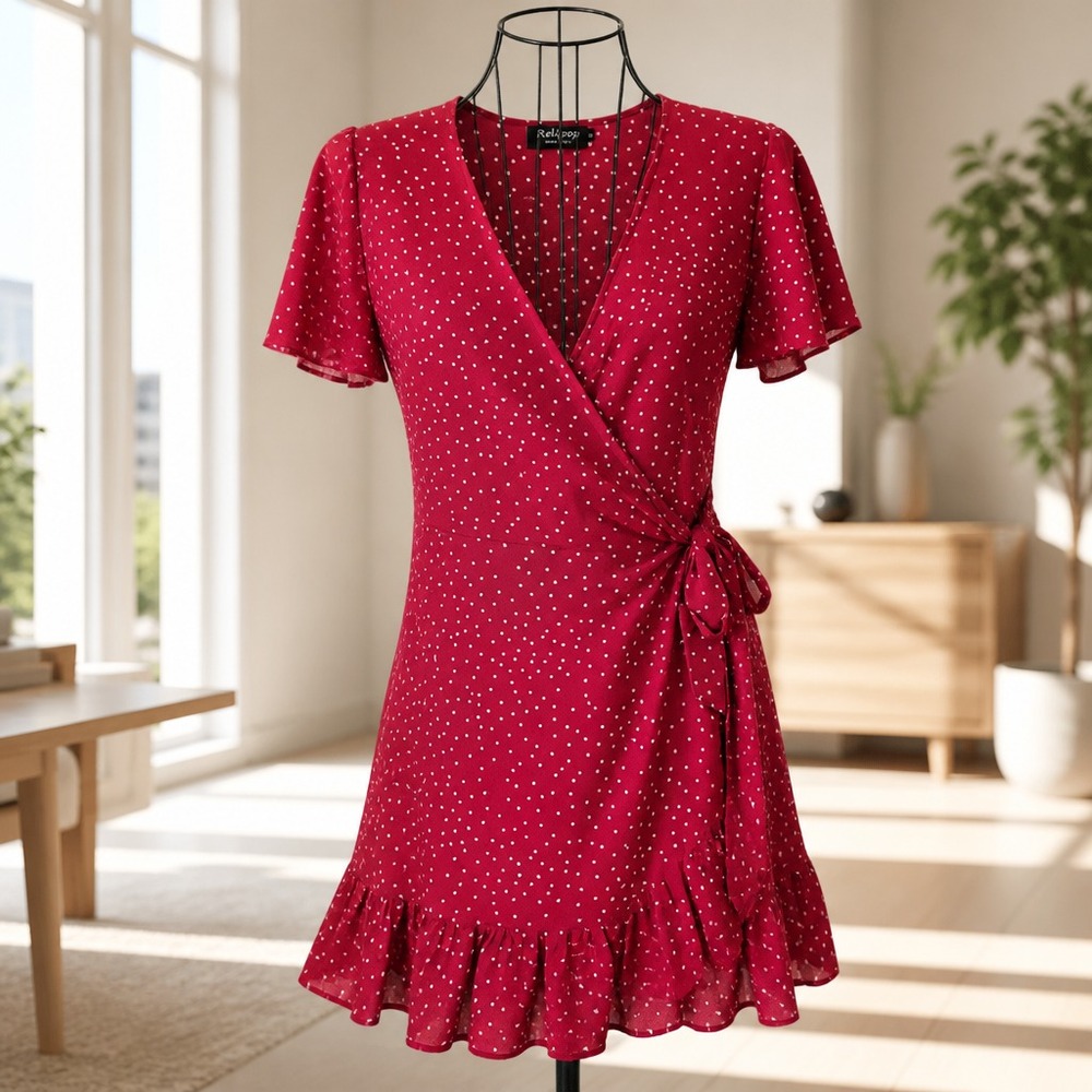 Relipop Women Red Polka Dot Wrap Dress Short Sleeve Ruffle Hem Mini XL